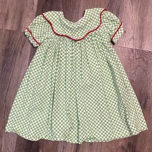 Green and White Polka Dot Dress with Red Trim